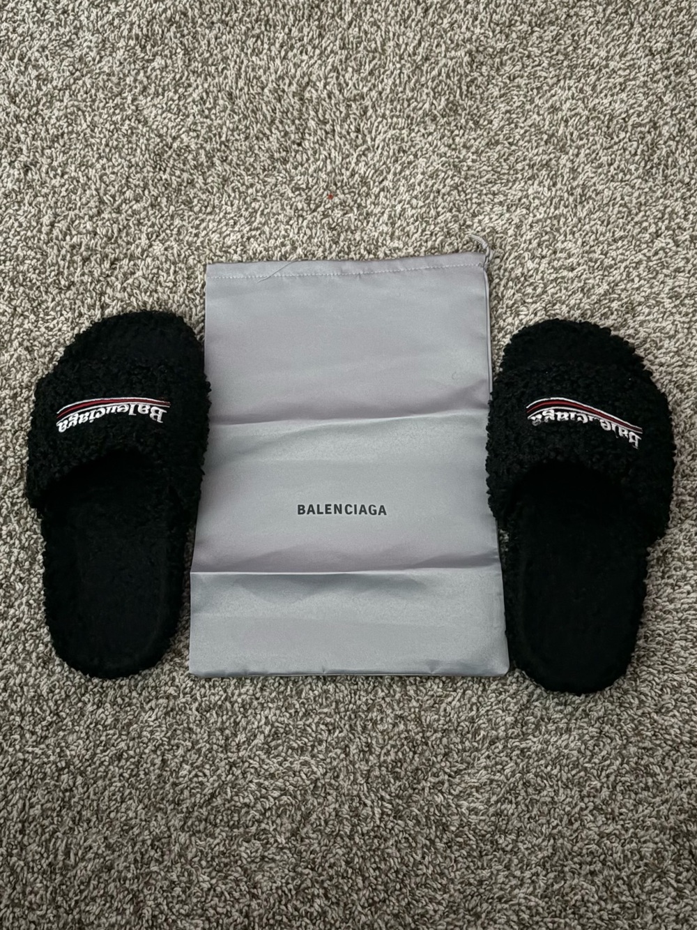 Balenciaga Black Sherpa Logo Slide Slippers